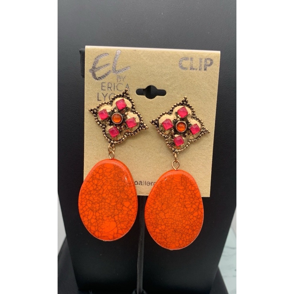 NWT Erica Lyons Gold Tone Pink & Orange Beads & Dangle Orange Clip On Earrings